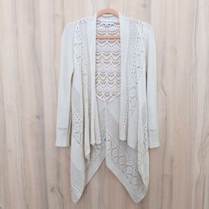 Knox Rose Womens Crochet Lace Cardigan Size XS Cream Open Front Boho Cottage